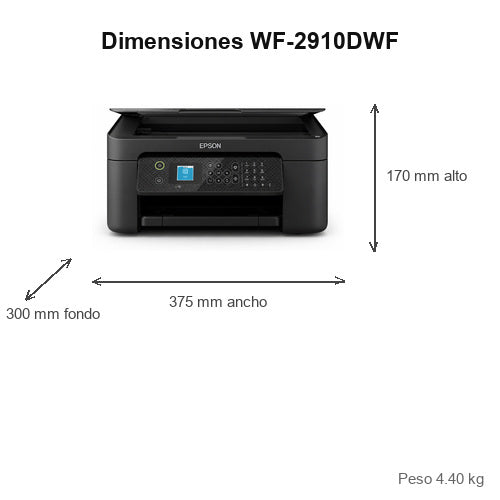 Dimensiones de la impresora de etiquetas Epson WF-2910DWF C11CK64402: 375 mm de ancho, 300 mm de fondo, 170 mm de alto, peso 4.40 kg