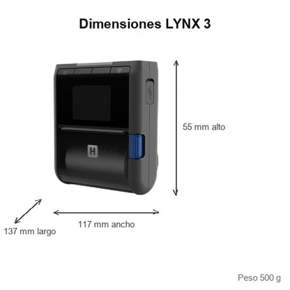 Dimensiones de la impresora de etiquetas Honeywell LYNX 3 LNX3-1-N00B101: 137 mm de largo, 117 mm de ancho, 55 mm de alto, peso 500 g