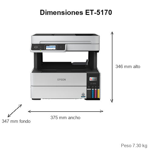Dimensiones de la impresora de etiquetas Epson ET-5170 C11CJ88402: 375 mm de ancho, 347 mm de fondo, 346 mm de alto, peso 7.30 kg