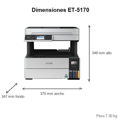 Dimensiones de la impresora de etiquetas Epson ET-5170 C11CJ88402: 375 mm de ancho, 347 mm de fondo, 346 mm de alto, peso 7.30 kg