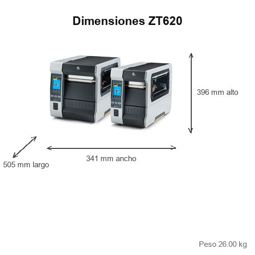 Dimensiones de la impresora de etiquetas Zebra ZT620 ZT62063-T0EG100Z: 505 mm de largo, 341 mm de ancho, 396 mm de alto, peso 26.00 kg