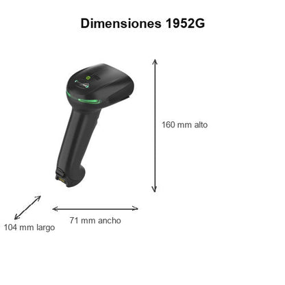 Dimensiones del lector de códigos de barras Honeywell 1952G 1952GSR-2USB-UV-R: 104 mm de largo, 71 mm de ancho, 160 mm de alto