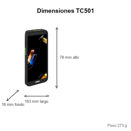 Dimensiones del terminal de mano Zebra TC501 TC5010-021E1A0001-A6: 163 mm de largo, 78 mm de alto, 16 mm de fondo, peso 273 g
