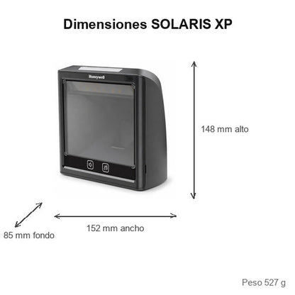 Dimensiones del lector de códigos de barras Honeywell SOLARIS XP 7990GEL-2-1: 148 mm de alto, 152 mm de ancho, 85 mm de fondo, peso 527 g