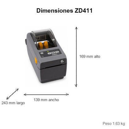 Dimensiones de la impresora de etiquetas Zebra ZD411 ZD4A023-D0EM00EZ: 243 mm de largo, 139 mm de ancho, 169 mm de alto, peso 1.63 kg