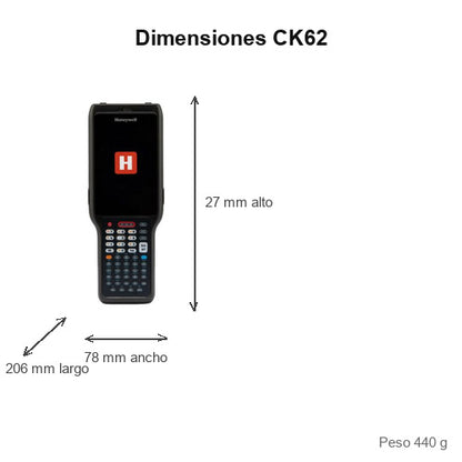 Dimensiones del terminal de mano Honeywell CK62 CK62-X00-5ES1ACG: 206 mm de largo, 78 mm de ancho, 27 mm de alto, peso 440 g
