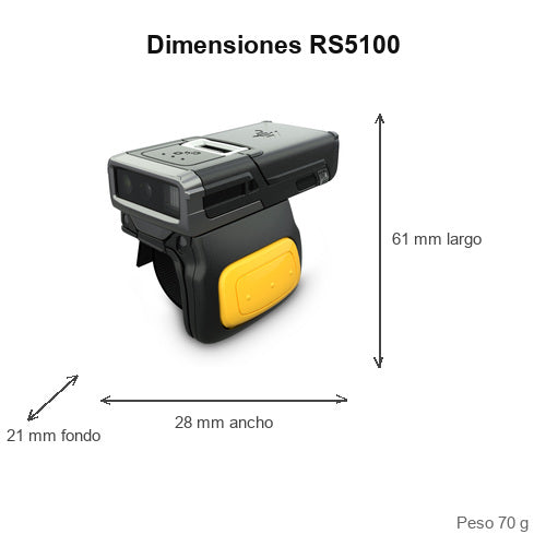 Dimensiones del lector de códigos de barras Zebra RS5100 RS51B0-LBSNWR: 61 mm de largo, 28 mm de ancho, 21 mm de fondo, peso 70 g