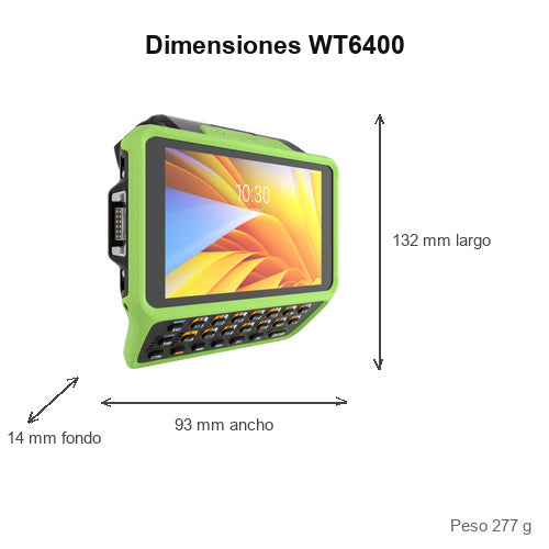 Dimensiones del terminal de mano Zebra WT6400 WT0-WT64B-T6DCE2A6: 132 mm de largo, 93 mm de ancho, 14 mm de fondo, peso 277 g