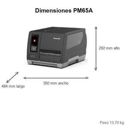 Detalle de la impresora de etiquetas Honeywell PM65A con su zona de trabajo