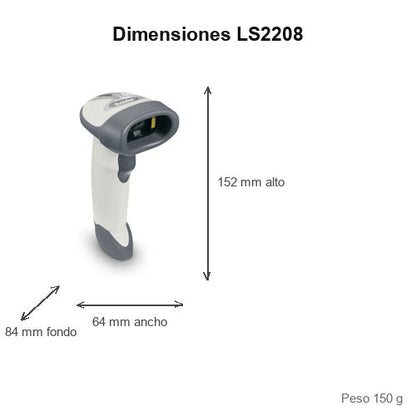 Dimensiones del lector de códigos de barras Zebra LS2208 blanco LS2208-SR20001R: 152 mm de alto, 64 mm de ancho, 84 mm de fondo, peso 150 g