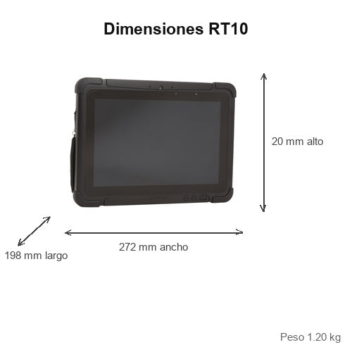 Dimensiones del terminal de mano Honeywell RT10 RT10A-L0N-27C12S2E: 272 mm de ancho, 198 mm de largo, 20 mm de alto, peso 1.20 kg