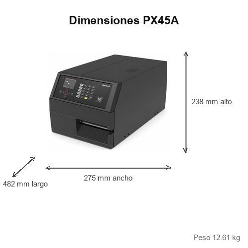 Dimensiones de la impresora de etiquetas Honeywell PX45A PX45A00EU0000200: 482 mm de largo, 238 mm de alto, 275 mm de ancho, peso 12.61 kg
