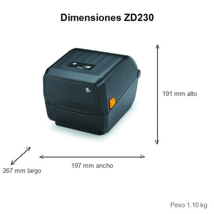 Dimensiones de la impresora de etiquetas Zebra ZD230 ZD23042-D2ED02EZ: 267 mm de largo, 197 mm de ancho, 191 mm de alto, peso 1.10 kg