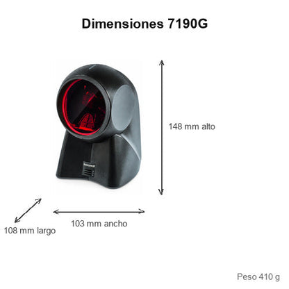 Dimensiones del lector de códigos de barras Honeywell 7190G blanco 7190G-0: 108 mm de largo, 103 mm de ancho, 148 mm de alto, peso 410 g
