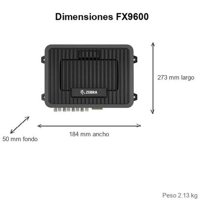 Dimensiones del equipo rfid Zebra FX9600 FX9600-82325A50-E8: 273 mm de largo, 184 mm de ancho, 50 mm de fondo, peso 2.13 kg