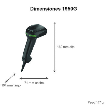 Dimensiones del lector de códigos de barras Honeywell 1950G negro 1950GUD-2USB-R: 104 mm de largo, 71 mm de ancho, 160 mm de alto, peso 147 g