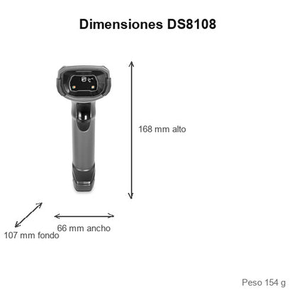 Dimensiones del lector de códigos de barras Zebra DS8108 negro DS8108-SR7U2100SGW: 168 mm de alto, 66 mm de ancho, 107 mm de fondo, peso 154 g