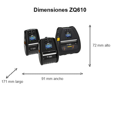 Dimensiones de la impresora de etiquetas Zebra ZQ610 ZQ61-AUWAE14-00: 171 mm de largo, 91 mm de ancho, 72 mm de alto