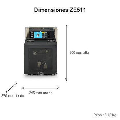 Dimensiones de la impresora de etiquetas Zebra ZE511 ZE51143-R0E0000Z: 379 mm de fondo, 245 mm de ancho, 300 mm de alto, peso 15.40 kg