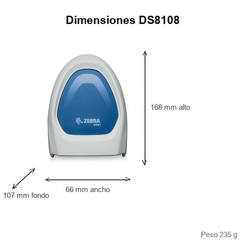 Dimensiones del lector de códigos de barras Zebra DS8108 DS8108-HCBU2104ZVW: 168 mm de alto, 66 mm de ancho, 107 mm de fondo, peso 235 g