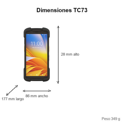 Dimensiones del terminal de mano Zebra TC73 TC7301-0T1K4B1000-A6: 177 mm de largo, 86 mm de ancho, 28 mm de alto, peso 349 g