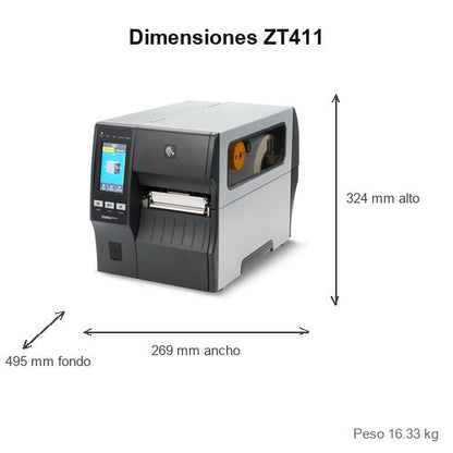 Dimensiones de la impresora de etiquetas Zebra ZT411 ZT41142-T2E0000Z: 324 mm de alto, 269 mm de ancho, 495 mm de fondo, peso 16.33 kg