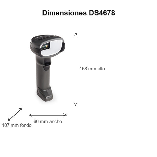 Dimensiones del lector de códigos de barras Zebra DS4678 DS4678-DPE0007VZRW: 168 mm de alto, 66 mm de ancho, 107 mm de fondo