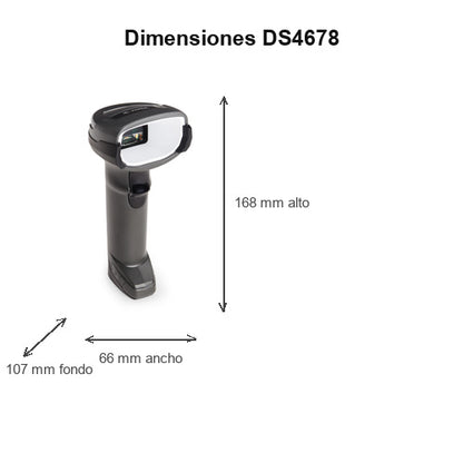 Dimensiones del lector de códigos de barras Zebra DS4678 DS4678-DPE0007VZRW: 168 mm de alto, 66 mm de ancho, 107 mm de fondo