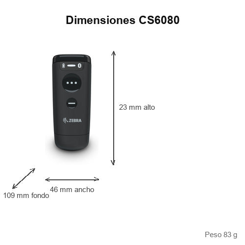 Dimensiones del lector de códigos de barras Zebra CS6080 negro CS6080-SR40000TSVW: 23 mm de alto, 46 mm de ancho, 109 mm de fondo, peso 83 g