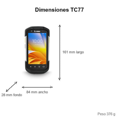 Dimensiones del terminal de mano Zebra TC77 TC77HL-6ME34BG-A6: 161 mm de largo, 84 mm de ancho, 28 mm de fondo, peso 376 g