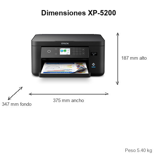 Dimensiones de la impresora de etiquetas Epson XP-5200 C11CK61403: 375 mm de ancho, 347 mm de fondo, 187 mm de alto, peso 5.40 kg