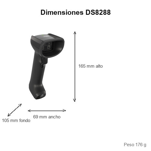 Dimensiones del lector de códigos de barras Zebra DS8288 negro DS8288-SR4F004VZWW: 165 mm de alto, 69 mm de ancho, 105 mm de fondo, peso 176 g