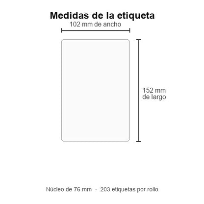 Medidas de la etiqueta Zebra Z-Select 2000T ZIPRD3017411: 102 mm de ancho por 152 mm de largo y núcleo de 76 mm