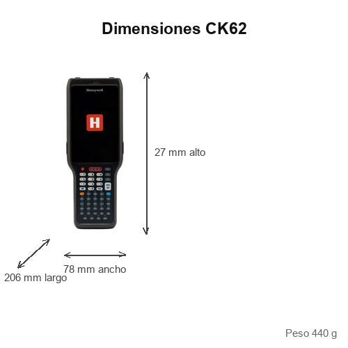 Dimensiones del terminal de mano Honeywell CK62 CK62-X10-57S1CCG: 206 mm de largo, 78 mm de ancho, 27 mm de alto, peso 440 g