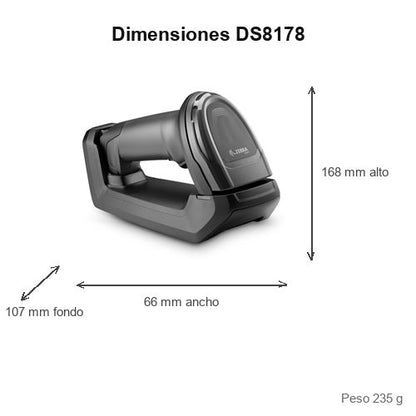 Dimensiones del lector de códigos de barras Zebra DS8178 negro DS8178-SR7U2100SFW: 168 mm de alto, 66 mm de ancho, 107 mm de fondo, peso 235 g
