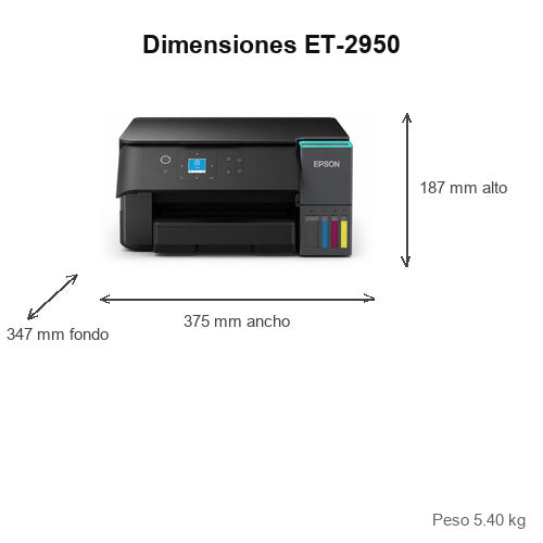 Dimensiones de la impresora de etiquetas Epson ET-2950 C11CL41404: 375 mm de ancho, 347 mm de fondo, 187 mm de alto, peso 5.40 kg