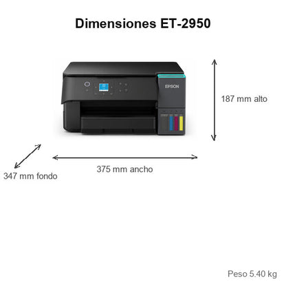 Dimensiones de la impresora de etiquetas Epson ET-2950 C11CL41404: 375 mm de ancho, 347 mm de fondo, 187 mm de alto, peso 5.40 kg