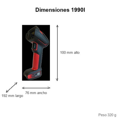 Dimensiones del lector de códigos de barras Honeywell 1990I 1990IXR-3-R: 192 mm de largo, 76 mm de ancho, 100 mm de alto, peso 320 g