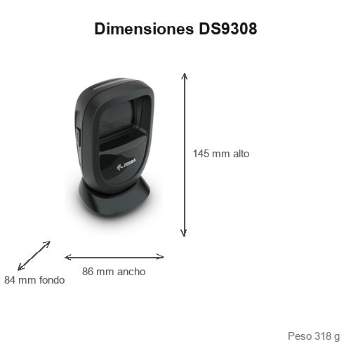 Dimensiones del lector de códigos de barras Zebra DS9308 negro DS9308-SR4U2100AZE: 145 mm de alto, 86 mm de ancho, 84 mm de fondo, peso 318 g