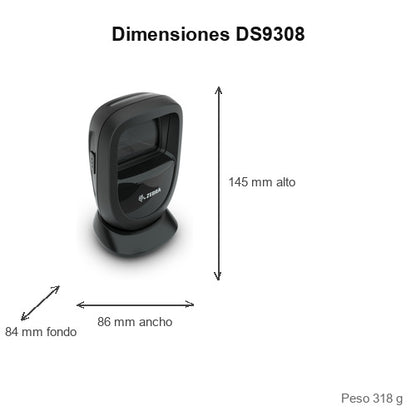 Dimensiones del lector de códigos de barras Zebra DS9308 negro DS9308-SR4U2100AZE: 145 mm de alto, 86 mm de ancho, 84 mm de fondo, peso 318 g