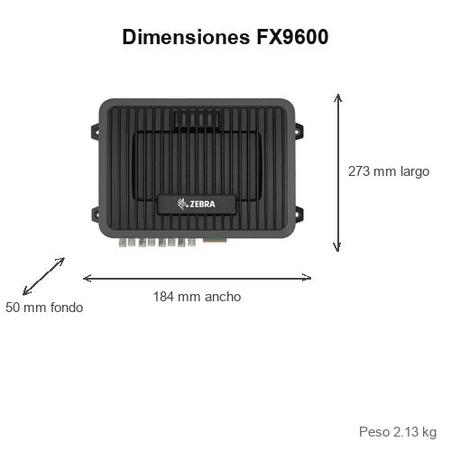 Dimensiones del equipo rfid Zebra FX9600 FX9600-82320A50-JP: 273 mm de largo, 184 mm de ancho, 50 mm de fondo, peso 2.13 kg