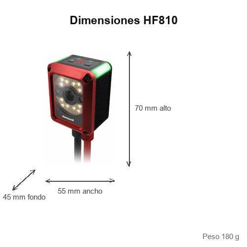 Dimensiones del lector de códigos de barras Honeywell HF810 HF810-01WT00004K-R: 70 mm de alto, 55 mm de ancho, 45 mm de fondo, peso 180 g