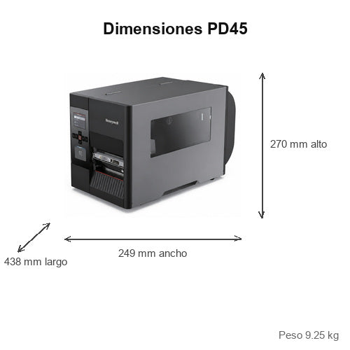 Dimensiones de la impresora de etiquetas Honeywell PD45 PD4500B0030000200: 438 mm de largo, 270 mm de alto, 249 mm de ancho, peso 9.25 kg