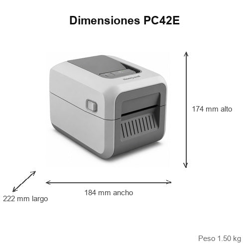 Dimensiones de la impresora de etiquetas Honeywell PC42E negro PC42EDB020300: 222 mm de largo, 184 mm de ancho, 174 mm de alto, peso 1.50 kg