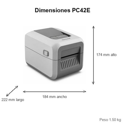 Dimensiones de la impresora de etiquetas Honeywell PC42E negro PC42EDB020300: 222 mm de largo, 184 mm de ancho, 174 mm de alto, peso 1.50 kg