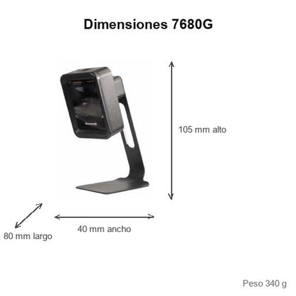 Dimensiones del lector de códigos de barras Honeywell 7680G 7680GSR-5-1: 80 mm de largo, 40 mm de ancho, 105 mm de alto, peso 340 g