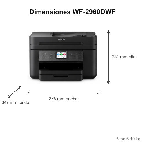 Dimensiones de la impresora de etiquetas Epson WF-2960DWF C11CK60403: 375 mm de ancho, 347 mm de fondo, 231 mm de alto, peso 6.40 kg