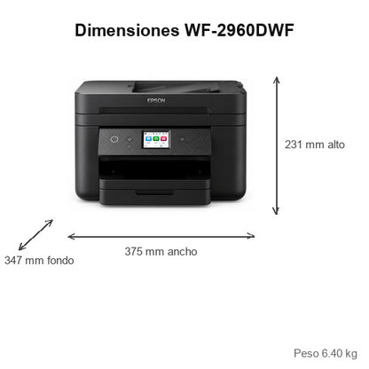 Dimensiones de la impresora de etiquetas Epson WF-2960DWF C11CK60403: 375 mm de ancho, 347 mm de fondo, 231 mm de alto, peso 6.40 kg