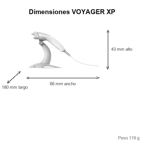 Dimensiones del lector de códigos de barras Honeywell VOYAGER XP blanco 1400GSR-1: 180 mm de largo, 66 mm de ancho, 43 mm de alto, peso 119 g
