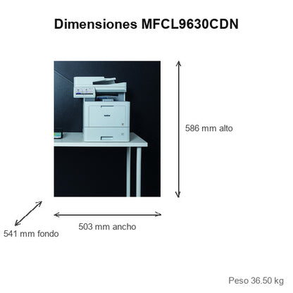 Dimensiones de la impresora de etiquetas Brother MFCL9630CDN MFCL9630CDNRE1: 503 mm de ancho, 541 mm de fondo, 586 mm de alto, peso 36.50 kg